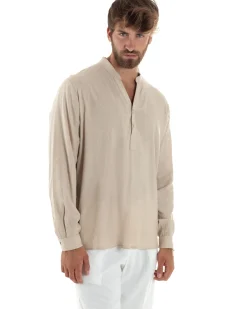 Camicia uomo lino regular fit collo coreano serafino scollo v beige GIOSAL-C2864A