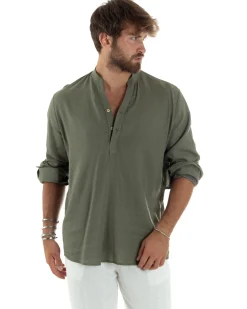 Camicia uomo lino regular fit collo coreano serafino scollo v verde GIOSAL-C2863A