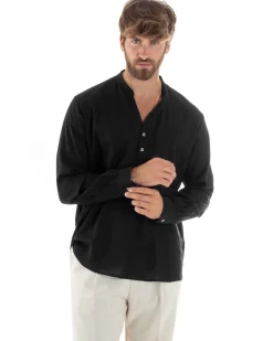 Camicia uomo lino regular fit collo coreano serafino scollo v nero GIOSAL-C2867A