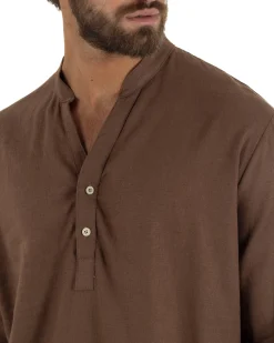 Camicia uomo lino regular fit collo coreano serafino scollo v marrone GIOSAL-C3092A