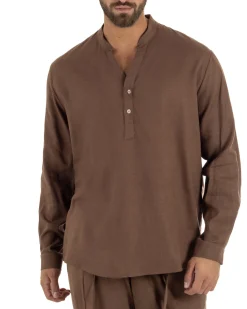 Camicia uomo lino regular fit collo coreano serafino scollo v marrone GIOSAL-C3092A