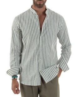 Camicia Uomo Lino Riga Sottile Collo Coreano Verde C3023A