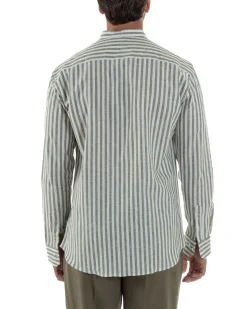 Camicia Uomo Lino Riga Sottile Collo Coreano Verde C3023A