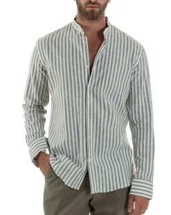 Camicia Uomo Lino Riga Sottile Collo Coreano Verde C3023A