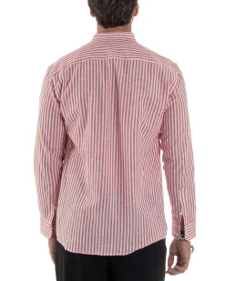 Camicia Uomo Lino Riga Sottile Collo Coreano Rosso C3020A