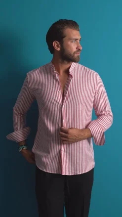 Camicia Uomo Lino Riga Sottile Collo Coreano Rosso C3020A