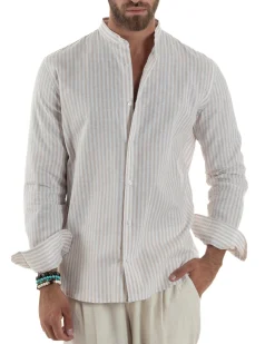Camicia Uomo Lino Riga Sottile Collo Coreano Beige C3022A