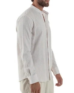 Camicia Uomo Lino Riga Sottile Collo Coreano Beige C3022A