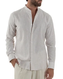 Camicia Uomo Lino Riga Sottile Collo Coreano Beige C3022A