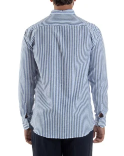 Camicia Uomo Lino Riga Sottile Collo Coreano Blu C3021A