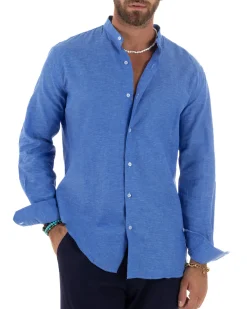 Camicia Uomo Lino Sartoriale Collo Coreano Melangiata Blu Royal C3004A