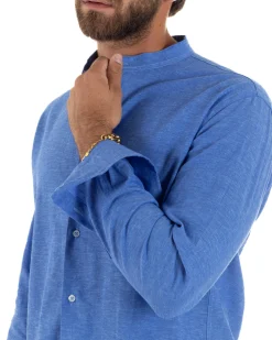 Camicia Uomo Lino Sartoriale Collo Coreano Melangiata Blu Royal C3004A