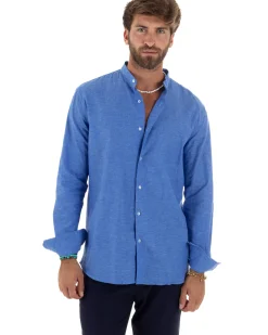 Camicia Uomo Lino Sartoriale Collo Coreano Melangiata Blu Royal C3004A