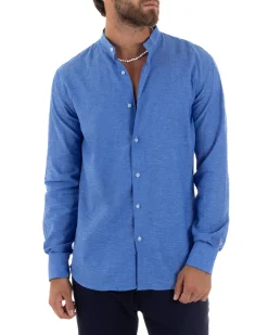 Camicia Uomo Lino Sartoriale Collo Coreano Melangiata Blu Royal C3004A