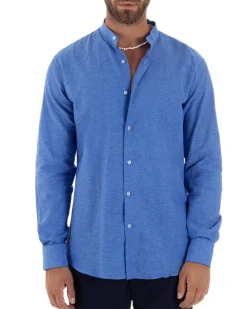 Camicia Uomo Lino Sartoriale Collo Coreano Melangiata Blu Royal C3004A