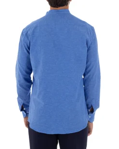 Camicia Uomo Lino Sartoriale Collo Coreano Melangiata Blu Royal C3004A