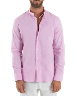 Camicia Uomo Lino Sartoriale Collo Coreano Melangiata Rosa C3008A