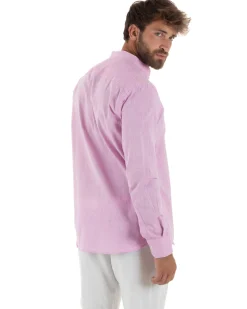 Camicia Uomo Lino Sartoriale Collo Coreano Melangiata Rosa C3008A