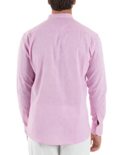 Camicia Uomo Lino Sartoriale Collo Coreano Melangiata Rosa C3008A
