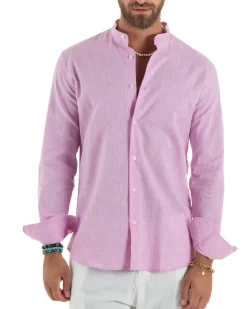 Camicia Uomo Lino Sartoriale Collo Coreano Melangiata Rosa C3008A