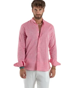 Camicia Uomo Lino Sartoriale Collo Coreano Melangiata Corallo C3009A