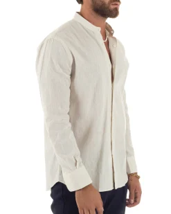 Camicia Uomo Lino Sartoriale Collo Coreano Melangiata Beige C3011A