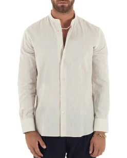 Camicia Uomo Lino Sartoriale Collo Coreano Melangiata Beige C3011A