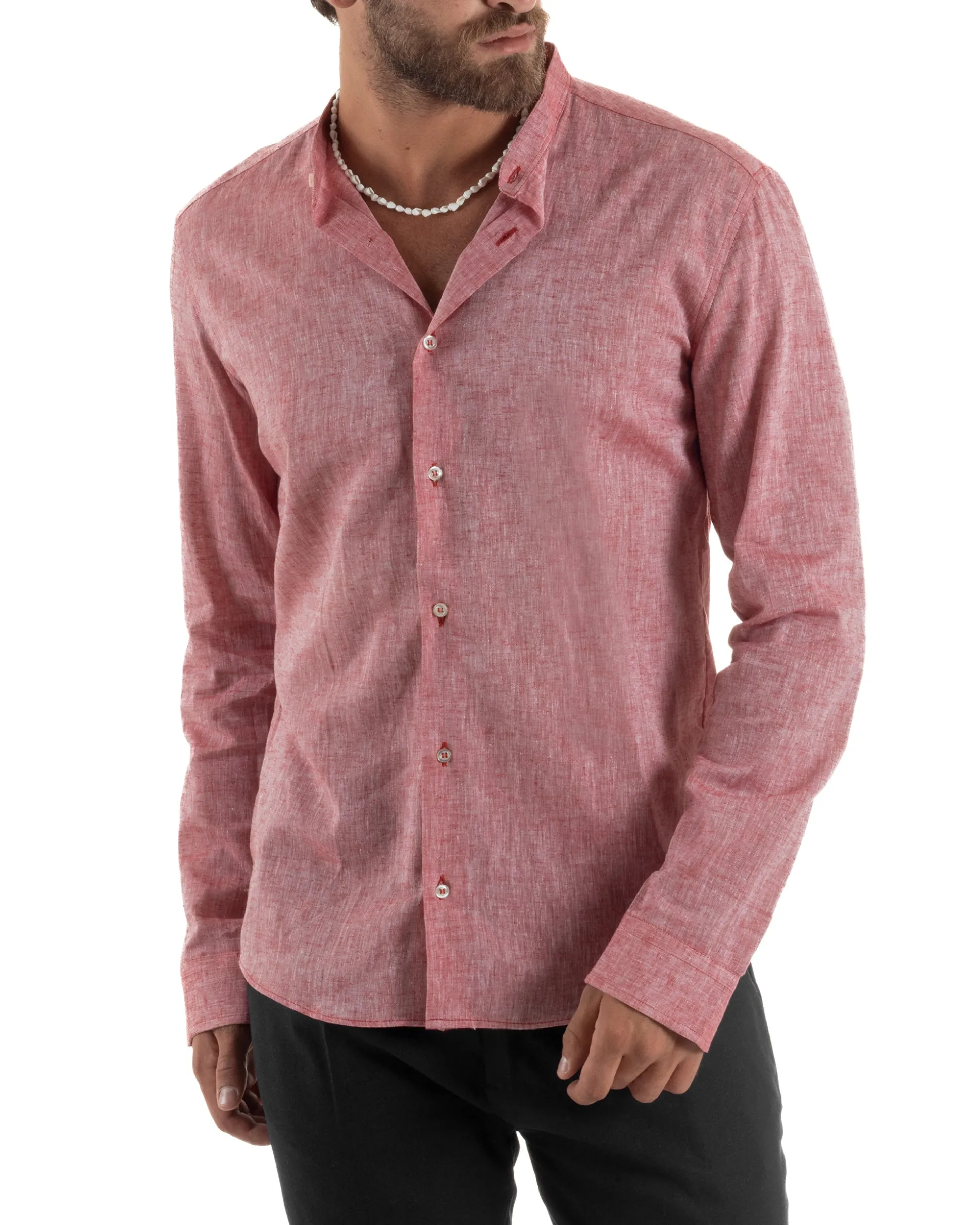 Camicia Uomo Lino Sartoriale Collo Coreano Melangiata Rosso C3003A