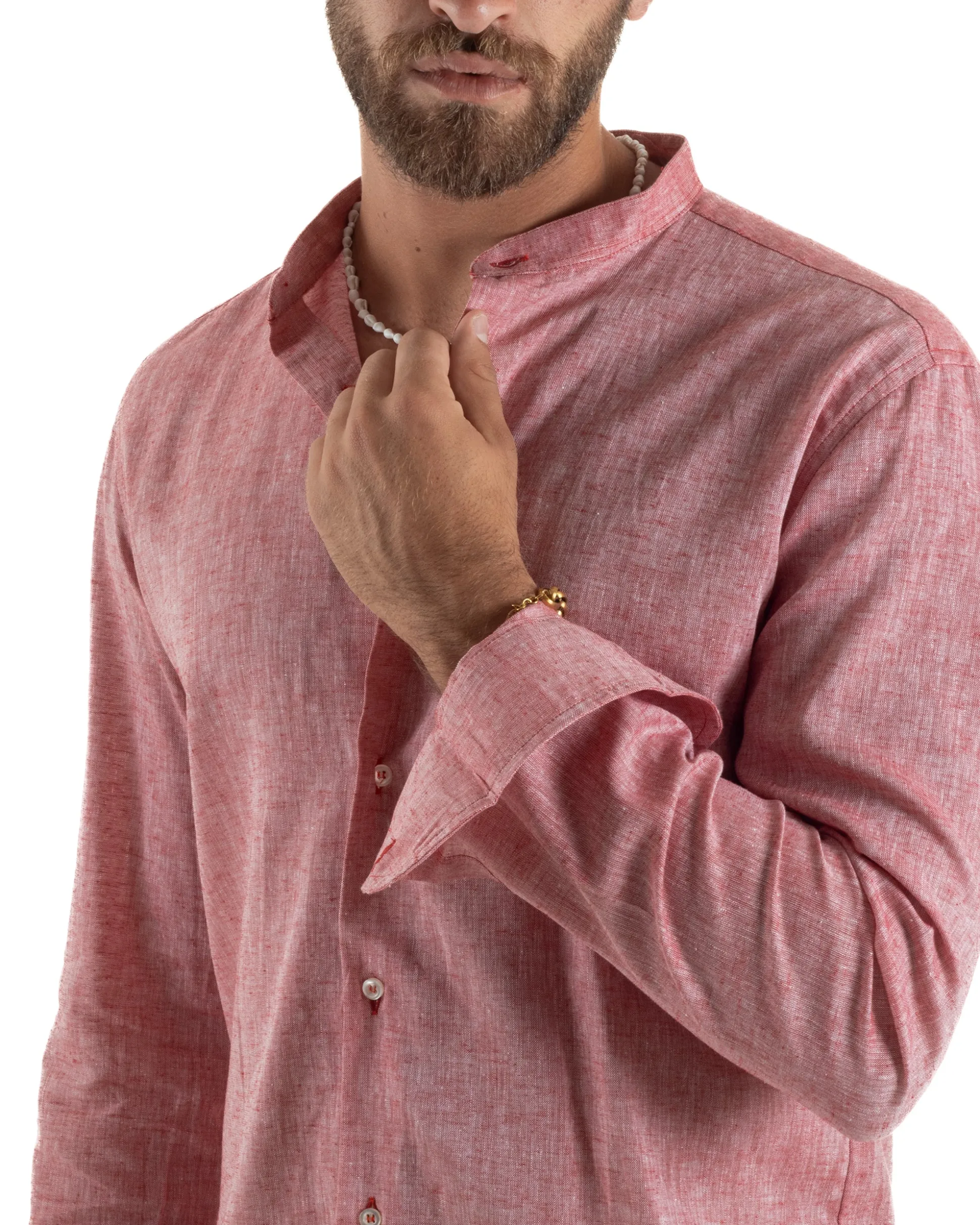 Camicia Uomo Lino Sartoriale Collo Coreano Melangiata Rosso C3003A