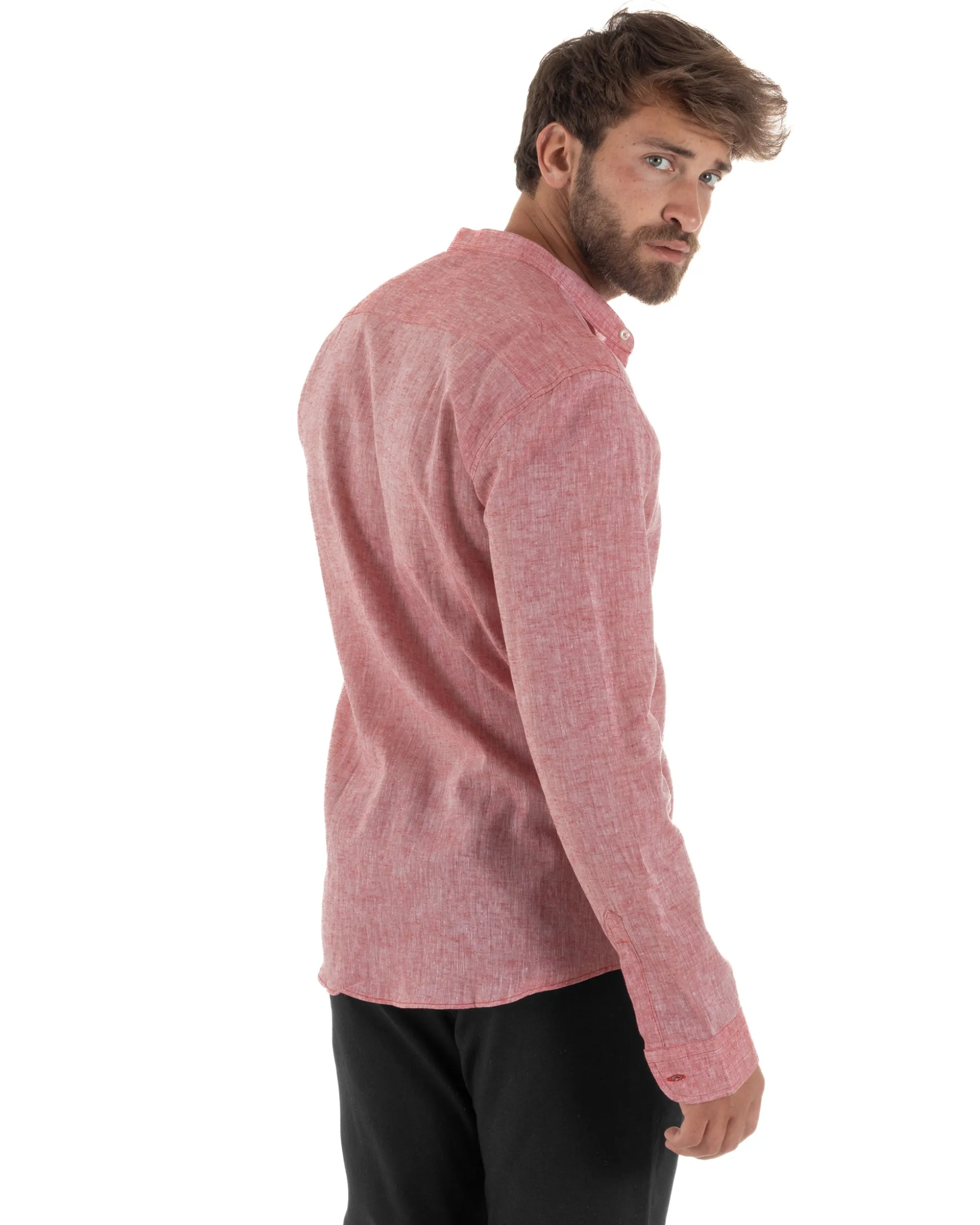 Camicia Uomo Lino Sartoriale Collo Coreano Melangiata Rosso C3003A