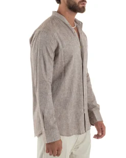Camicia Uomo Lino Sartoriale Collo Coreano Melangiata Fango C3001A