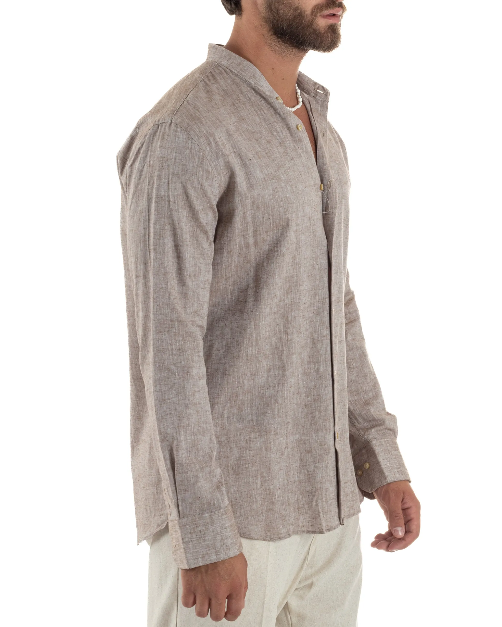 Camicia Uomo Lino Sartoriale Collo Coreano Melangiata Fango C3001A