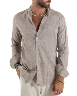 Camicia Uomo Lino Sartoriale Collo Coreano Melangiata Fango C3001A