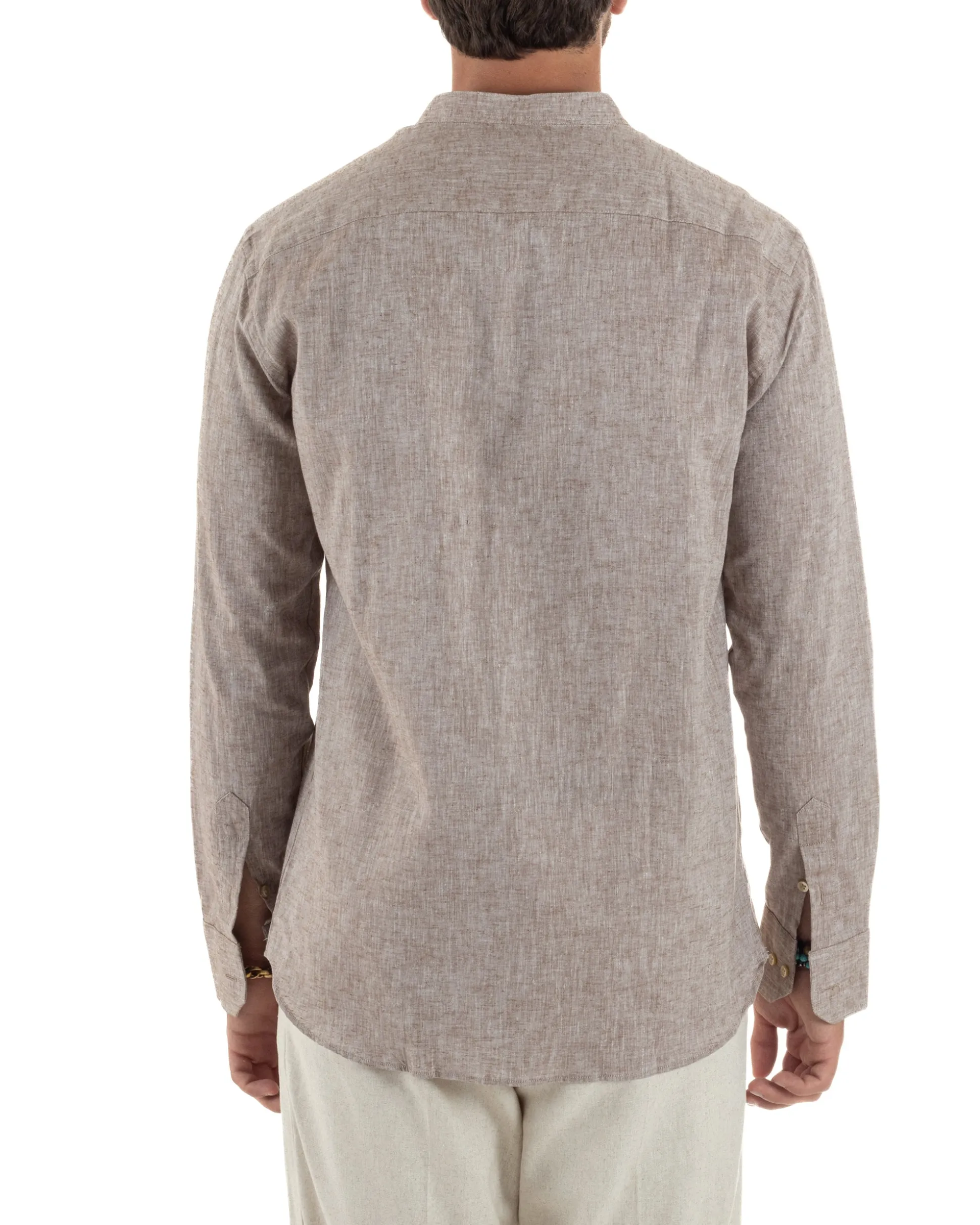 Camicia Uomo Lino Sartoriale Collo Coreano Melangiata Fango C3001A