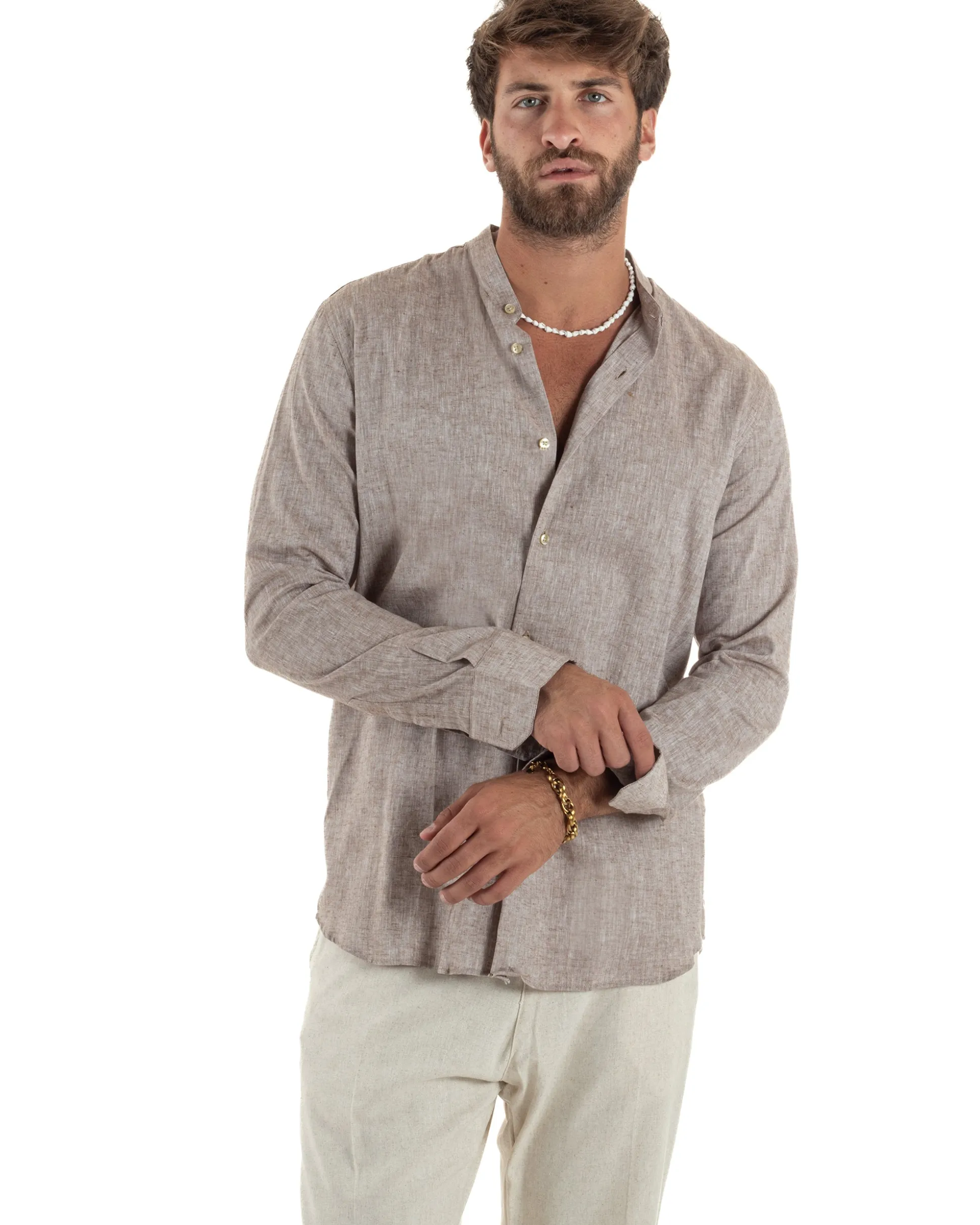Camicia Uomo Lino Sartoriale Collo Coreano Melangiata Fango C3001A