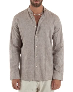 Camicia Uomo Lino Sartoriale Collo Coreano Melangiata Fango C3001A