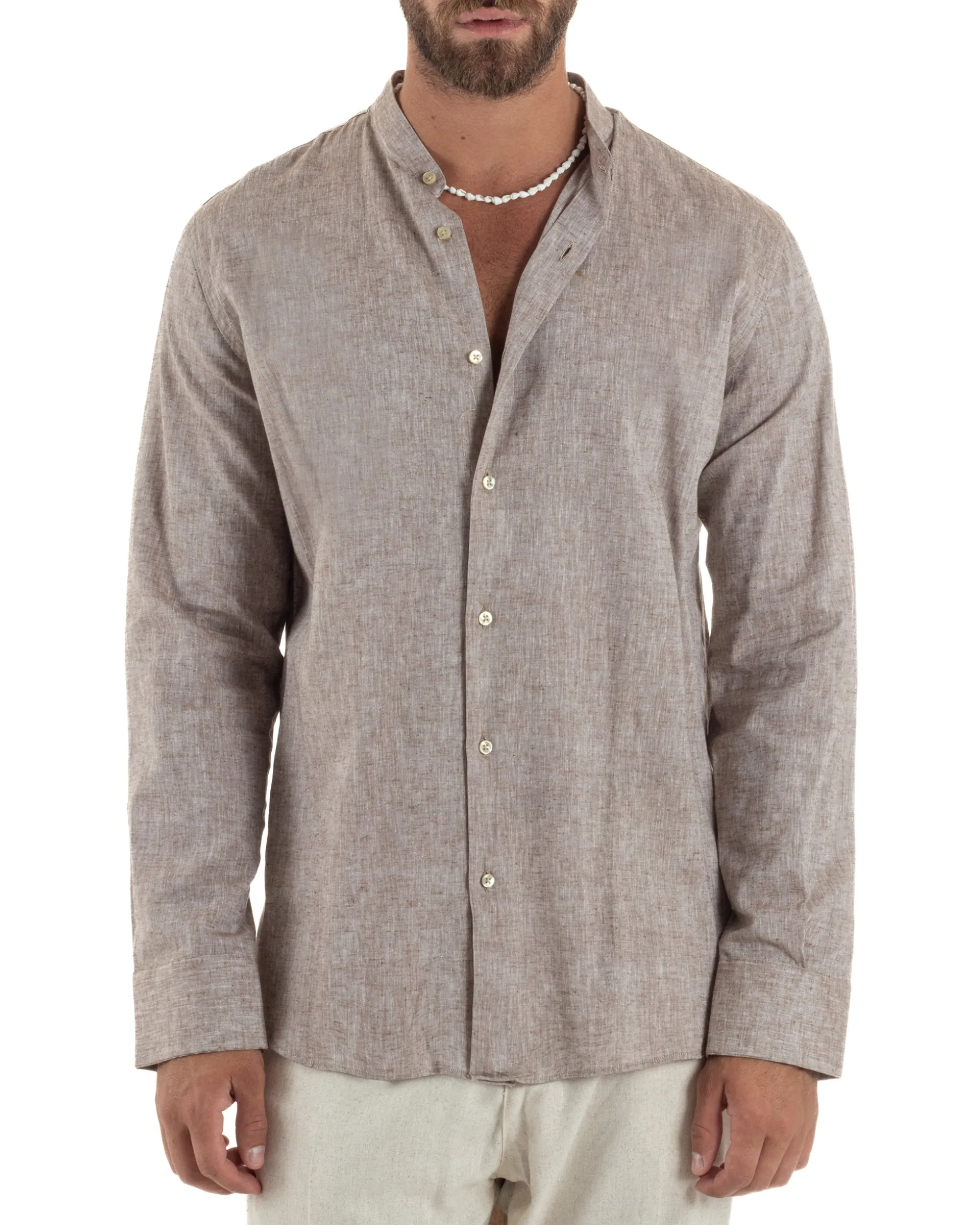 Camicia Uomo Lino Sartoriale Collo Coreano Melangiata Fango C3001A
