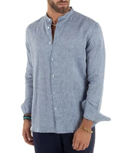 Camicia Uomo Lino Sartoriale Collo Coreano Melangiata Blu C3006A