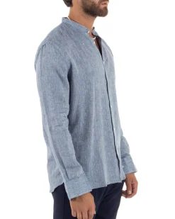 Camicia Uomo Lino Sartoriale Collo Coreano Melangiata Blu C3006A