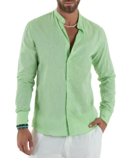 Camicia Uomo Lino Sartoriale Collo Coreano Melangiata Verde Acido C3010A