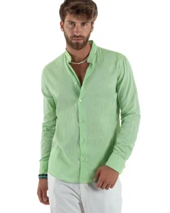 Camicia Uomo Lino Sartoriale Collo Coreano Melangiata Verde Acido C3010A