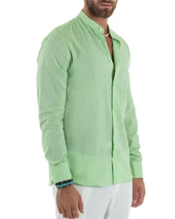 Camicia Uomo Lino Sartoriale Collo Coreano Melangiata Verde Acido C3010A