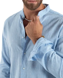 Camicia Uomo Lino Sartoriale Collo Coreano Melangiata Celeste C3005A