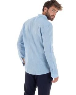 Camicia Uomo Lino Sartoriale Collo Coreano Melangiata Celeste C3005A
