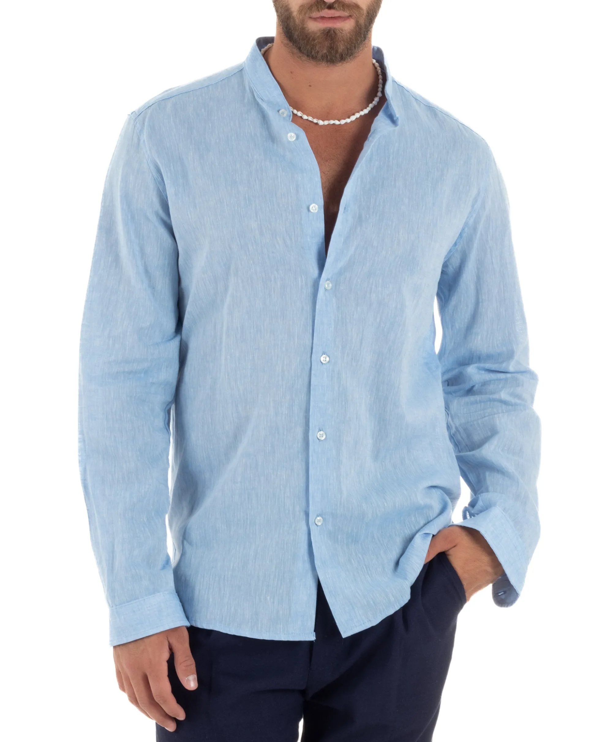 Camicia Uomo Lino Sartoriale Collo Coreano Melangiata Celeste C3005A