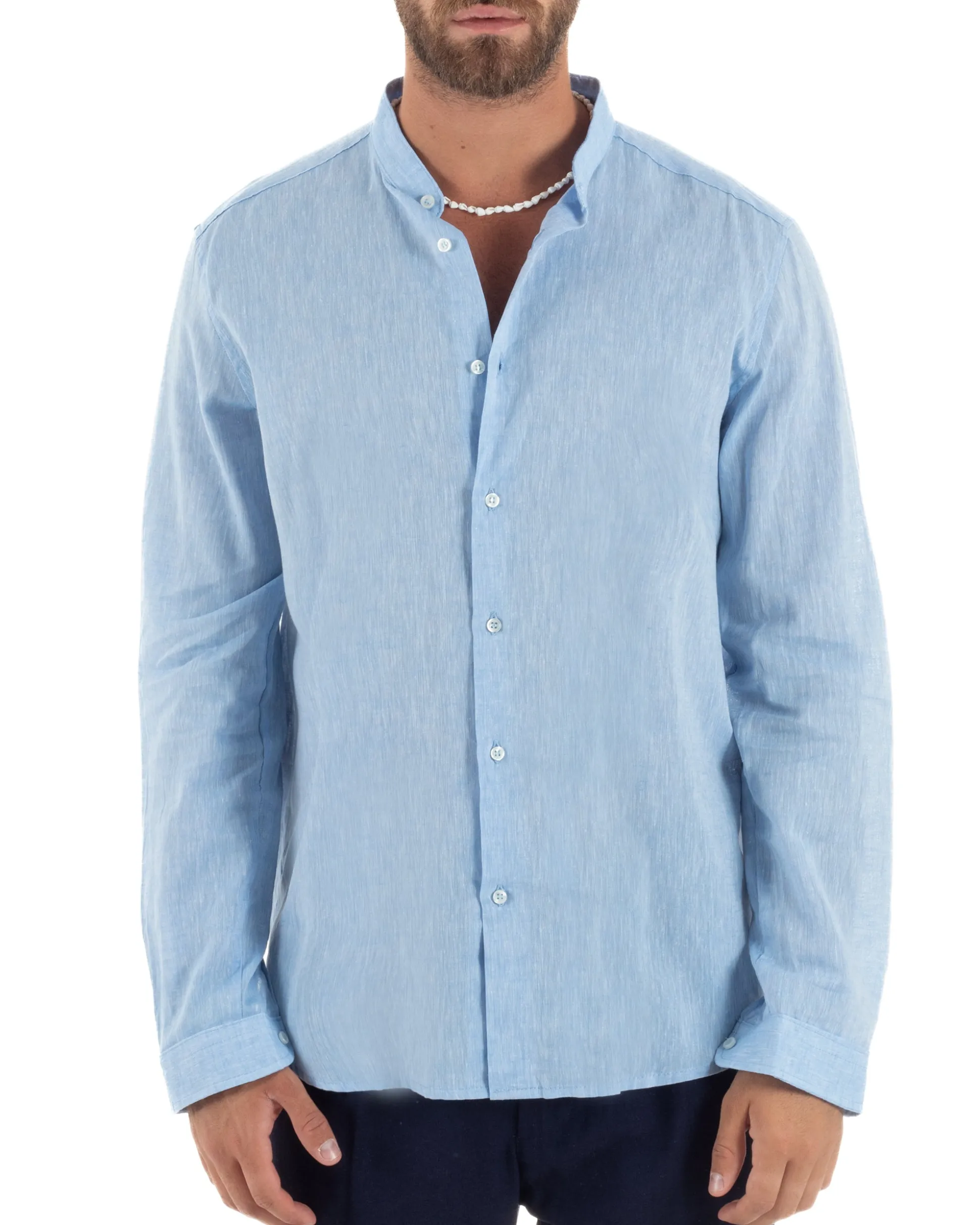 Camicia Uomo Lino Sartoriale Collo Coreano Melangiata Celeste C3005A