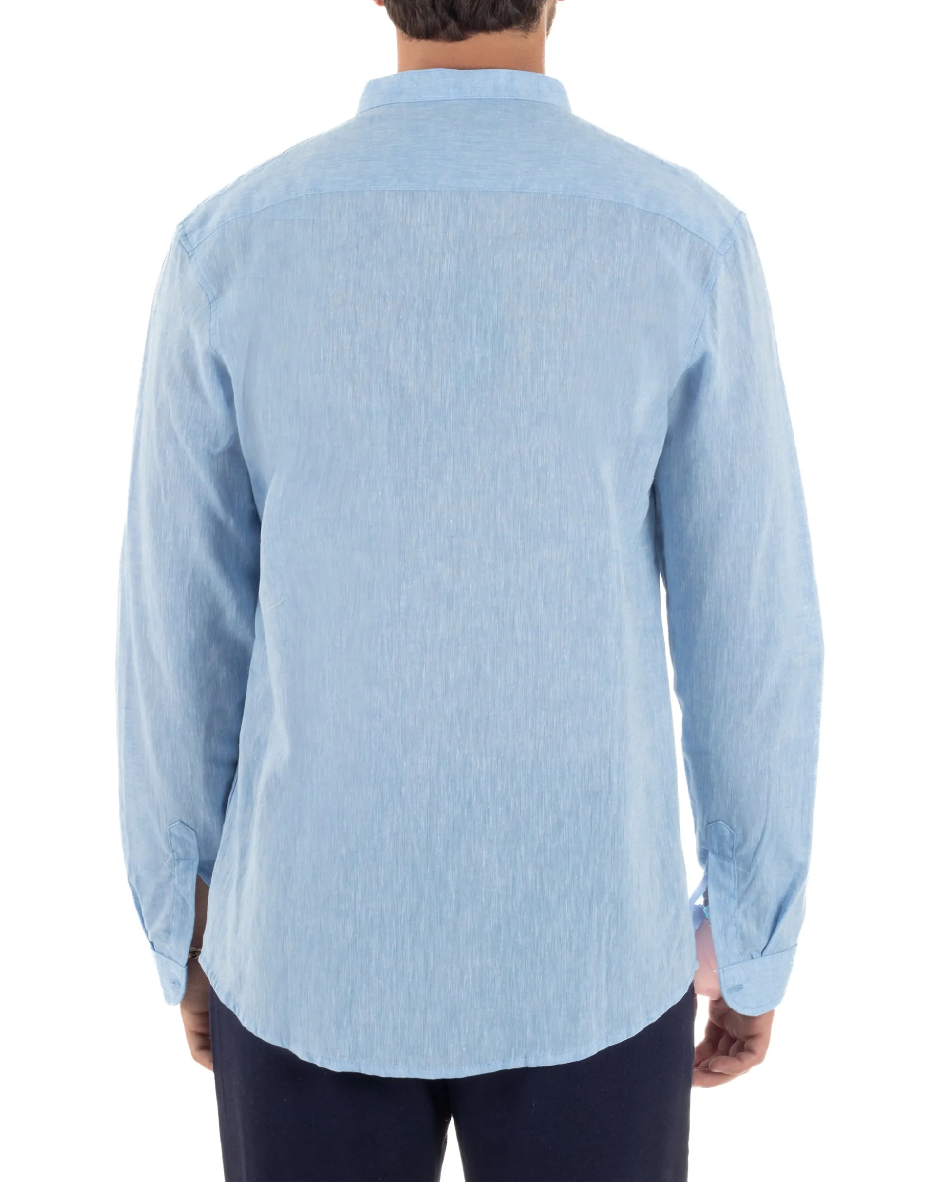 Camicia Uomo Lino Sartoriale Collo Coreano Melangiata Celeste C3005A