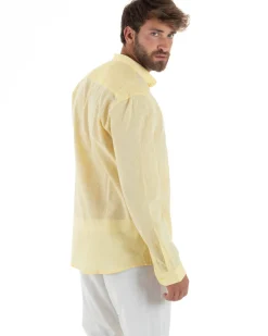 Camicia Uomo Lino Sartoriale Collo Coreano Melangiata Giallo C3007A