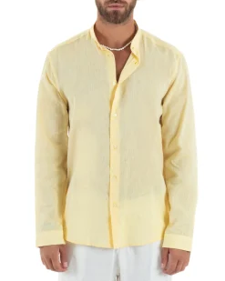 Camicia Uomo Lino Sartoriale Collo Coreano Melangiata Giallo C3007A