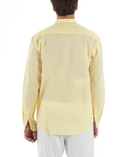 Camicia Uomo Lino Sartoriale Collo Coreano Melangiata Giallo C3007A